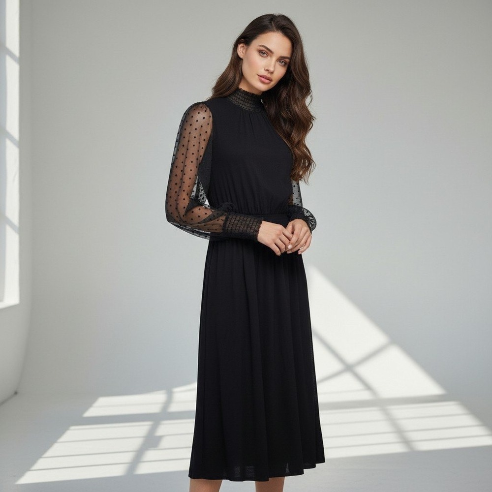 Boden Black Sheer Swiss Dot Sleeve Smocked Midi Dress D0360 Size US 4R NWT